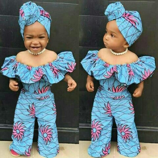Two Piece 6-18M Infant Baby Girls Off Shoulder Dashiki African Floral Cotton Romper + Headband